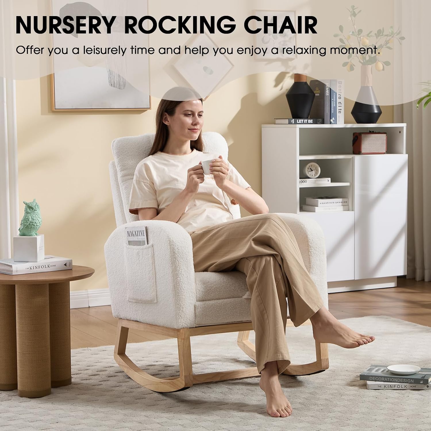 Nursery Rocking Chair, Teddy Boucle Upholstered Glider Rocker with Adjustable Footrest, High Back Rocker with Side Pockets, Comfy Accent Reading Chair for Living Room (White Retro)