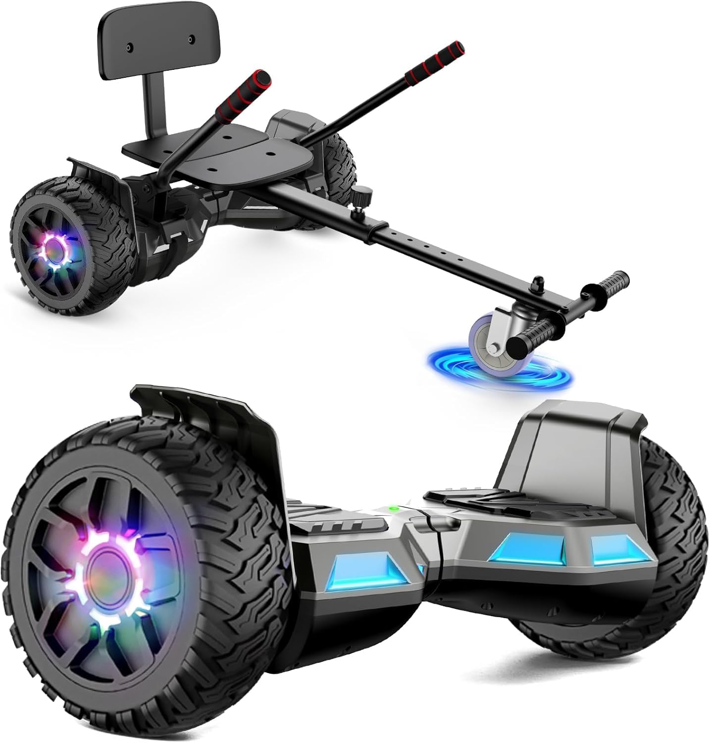 8.5 Pouces All Terrain Off Road Hoverboard Seat Attachment, Scooter with Go Kart for Kids Adults, with Corlorful LED Lights, Bluetooth