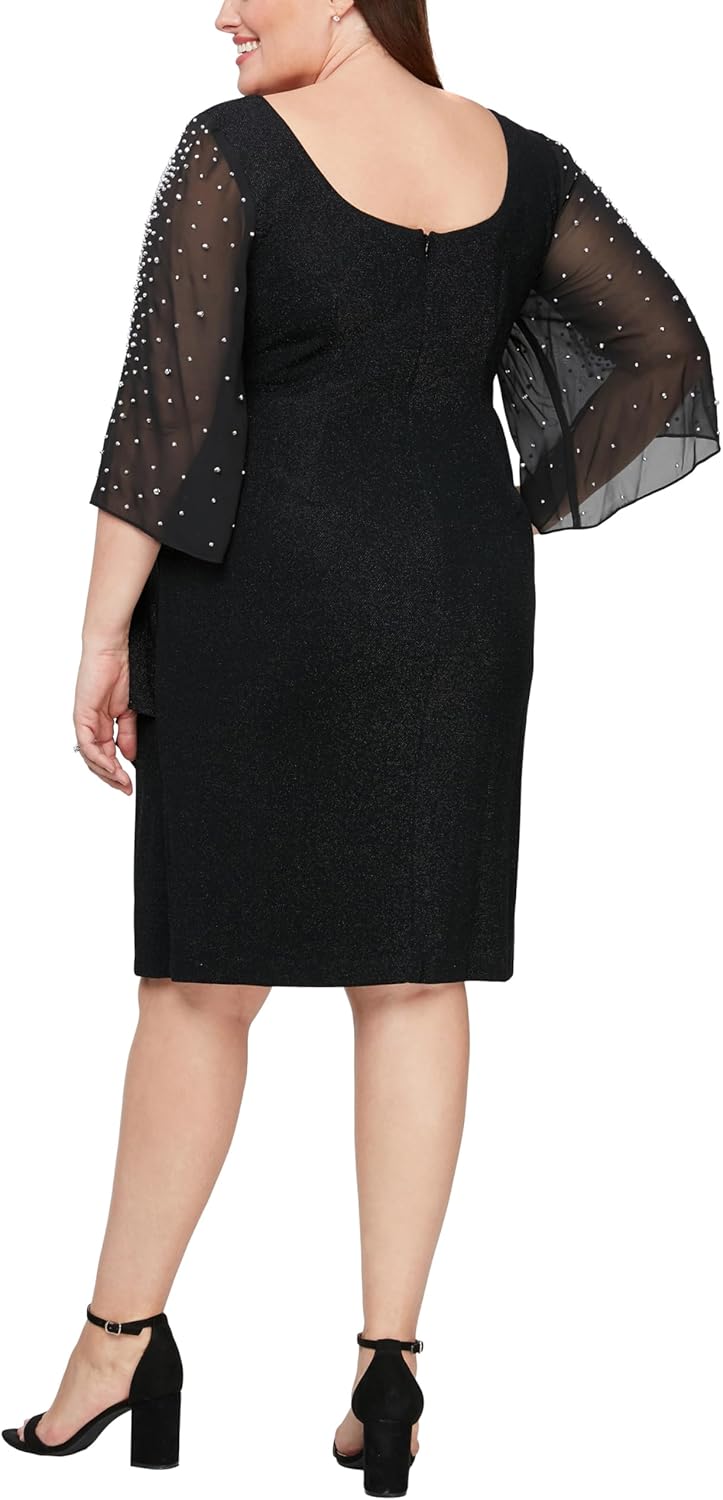 Alex Evenings Womens Plus Size Short Sheath Metallic Cocktail Dress with Embellished Sleeves and Cascade Ruffle Skirt - Image 2