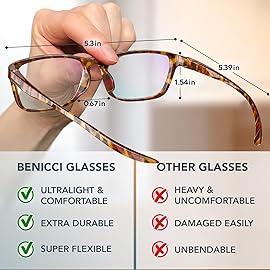 Benicci Stylish Blue Light Blocking Glasses for Women or Men - Ease Computer and Digital Eye Strain, Dry Eyes, Headaches and Blurry Vision - Classic Havana
