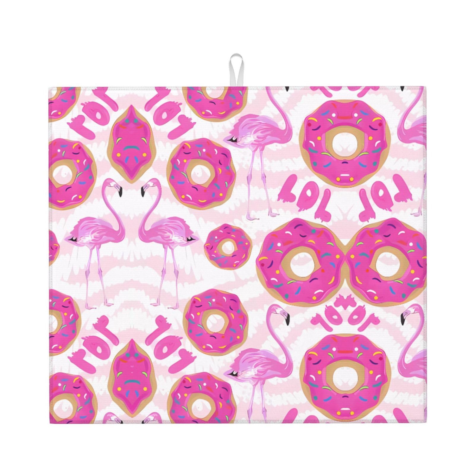 WHJSHOP Flamingo and donuts Prints Kitchen Drying Mat – Absorbent Dish Throw for Countertops, Quick-Dry Non-Slip Layer with Colorful Prints, Ideal Housewarming Gift