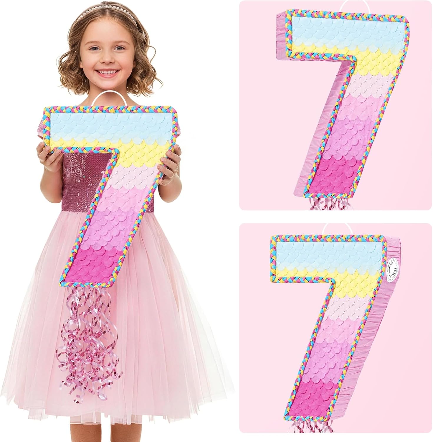 WERNNSAI Number 7 Piñata – Pink 7th Birthday Party Decorations Rainbow Ombre Seven Piñata for kids girls with Blindfold and Stick for 7 Year Birthday Supplies Princess Anniversary Decoration