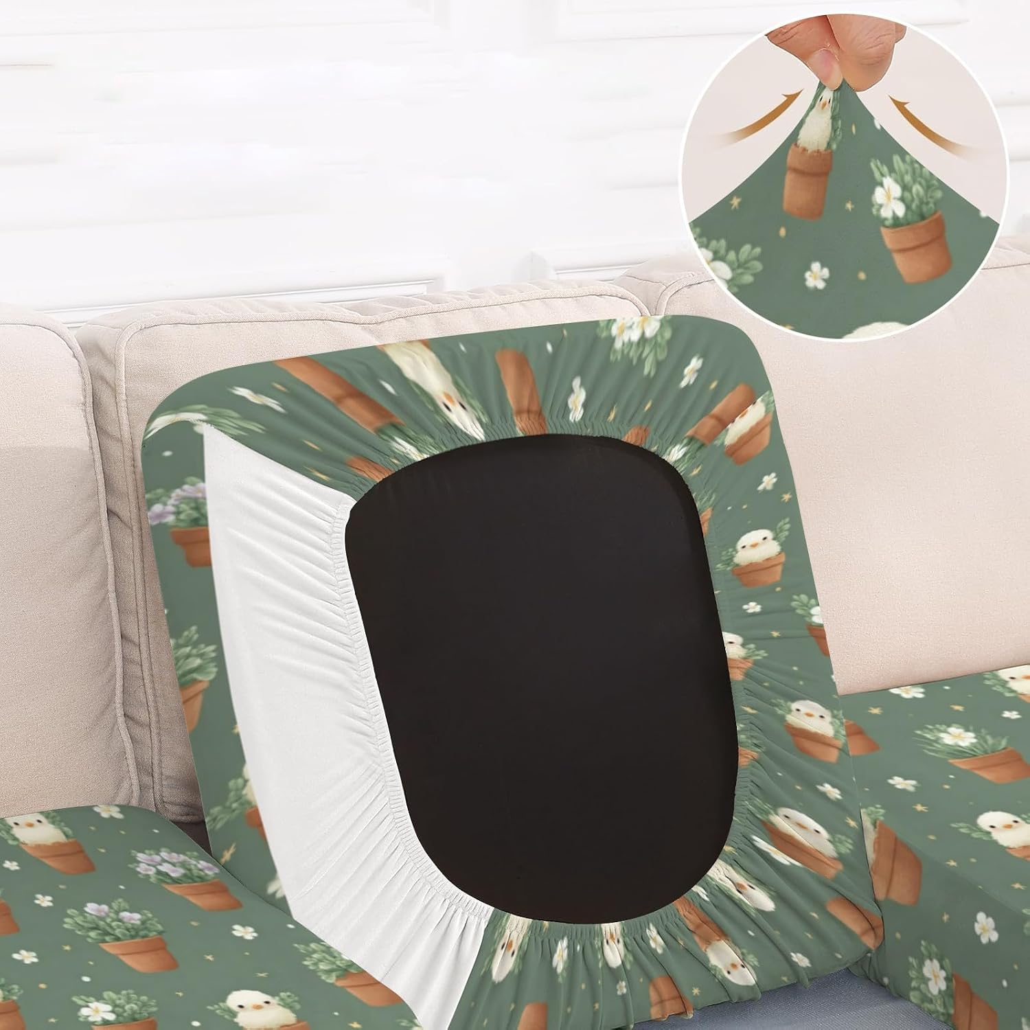 Potted Chick Bloom Greeb Loveseat Covers Couch Covers for 2 Cushion Couch, 2-Piece Stretch Sofa Slipcovers Anti-Slip Washable Furniture Protectors for Dogs Pets