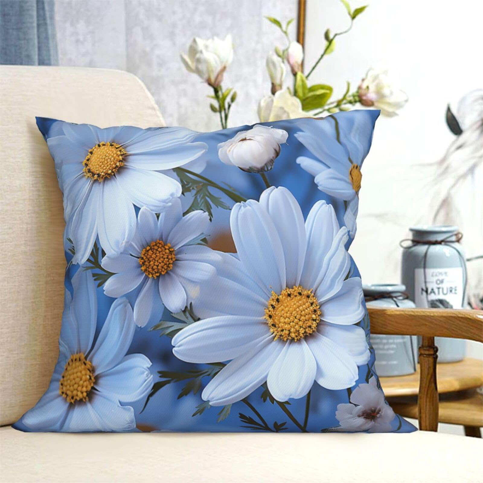 Fodpand Black Decorative Throw Pillow Covers 18"X18" Daisy Blue Cushion Cases Square Modern Farmhouse Pillow Cases Soft Cozy Cushion Covers For Couch Sofa Bedroom Home Decor Pillowcase