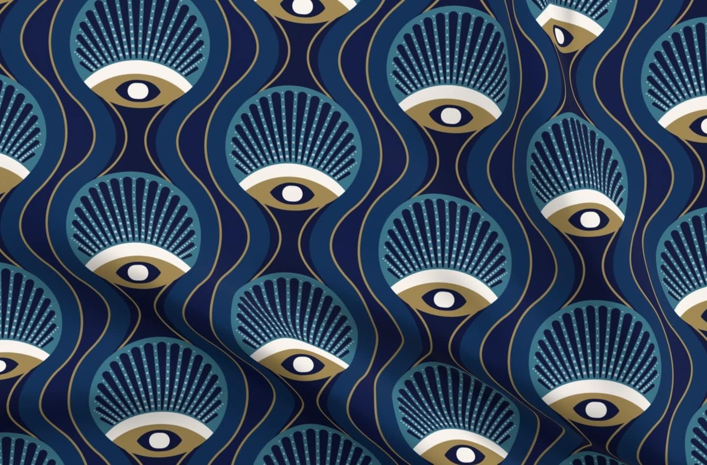 Spoonflower Fabric - Nouveau Blue Art Deco Ogee Vines Scallop Shells Vintage Inspired Printed on Petal Signature Cotton Fabric Fat Quarter - Sewing Quilting Apparel Crafts Decor