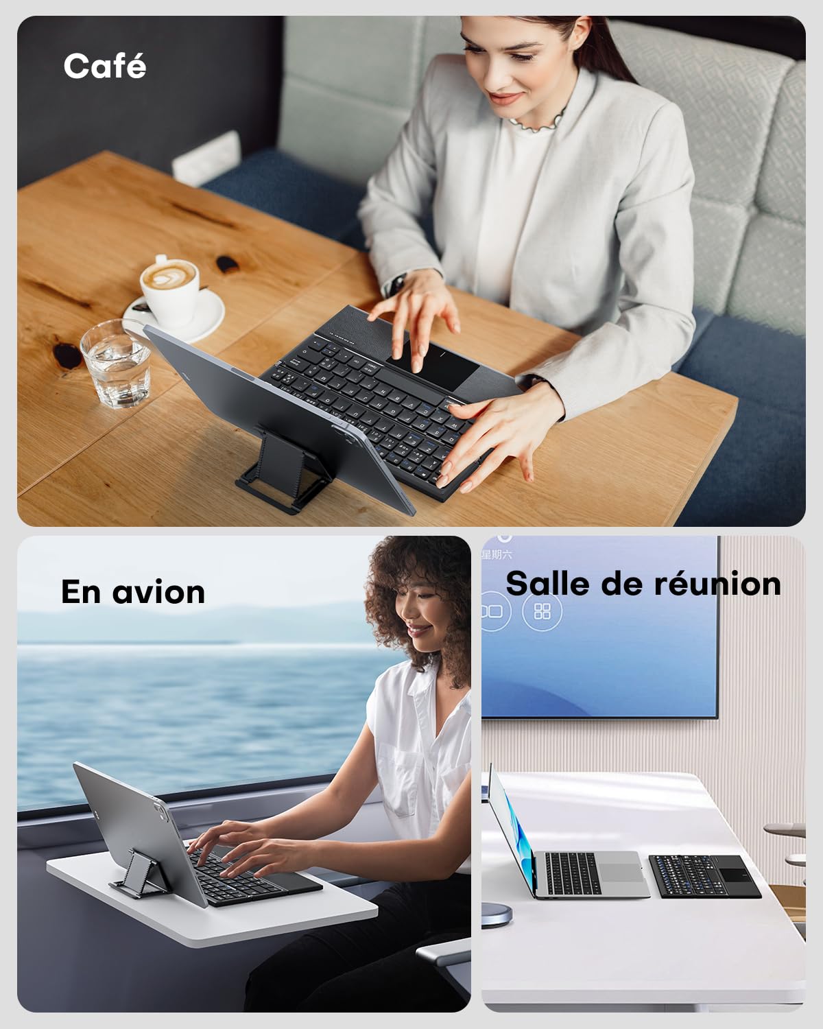 OMOTON Kabellose Tastatur, AZERTY, faltbar, Bluetooth, mit Touchpad, Schwarz | Multi-Geräte, 3 Bluetooth-Geräte, leise Mini-Tastatur, kompatibel mit Android Windows iOS Telefon Tablet iPad