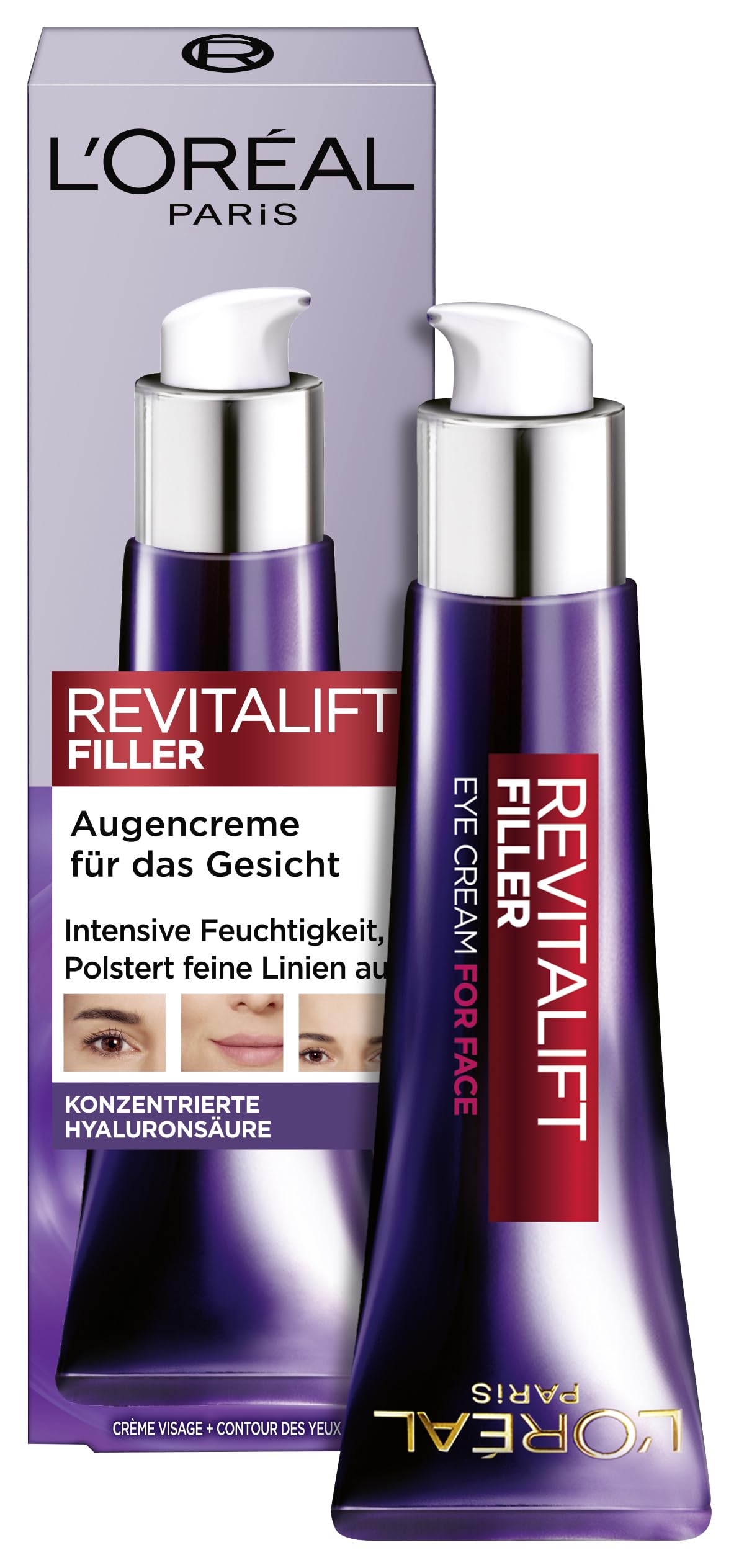 L'Oréal Paris Augencreme für Frauen: poltert auf, glättet die Haut und spendet intensiv Feuchtigkeitmit konzentrierter [Hyaluronsäure]Revitalift Filler, 1x 30ml