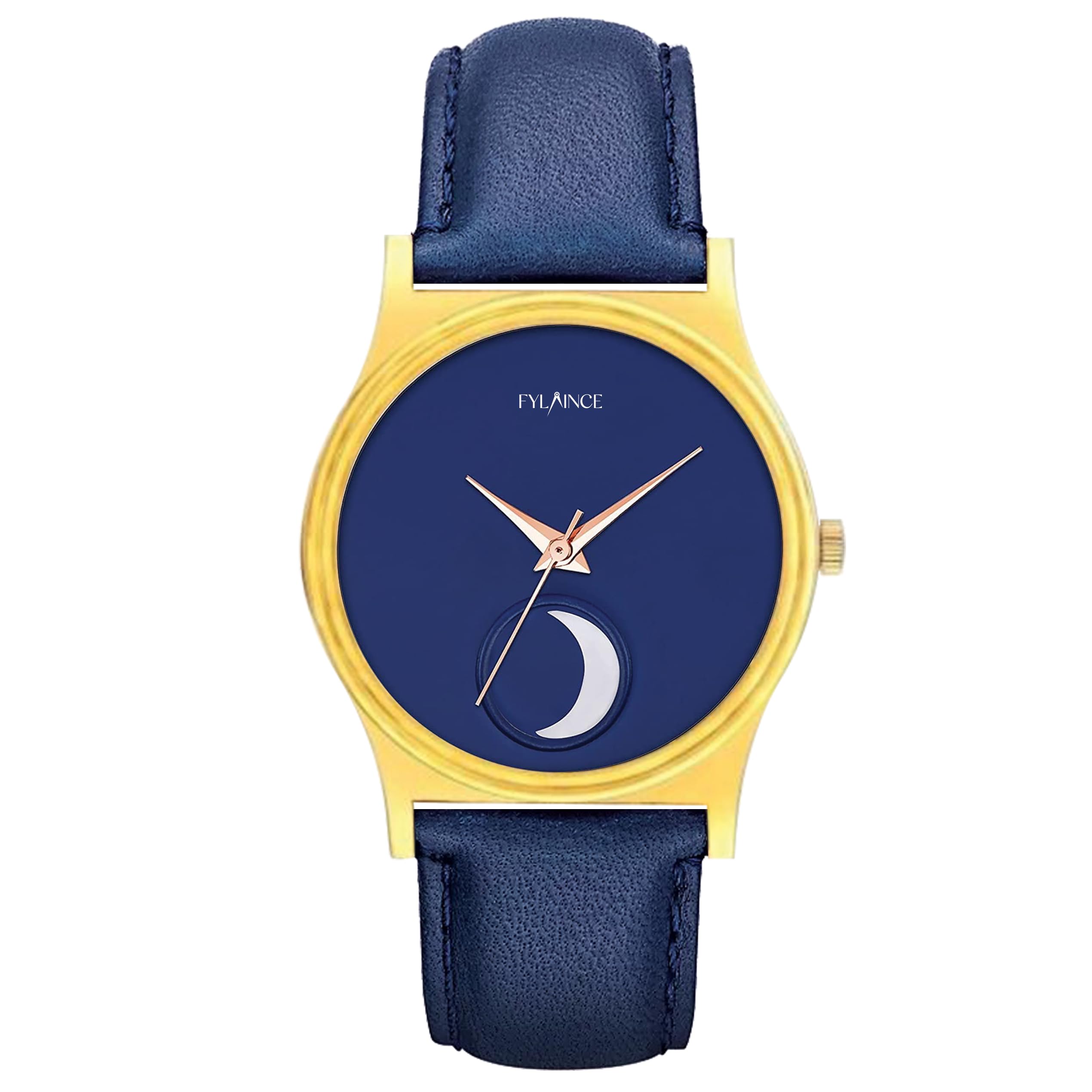 FYLIANCE™ Golden Finish Moon Dial Premium Leather Strap Analog Watch for Women and Girls
