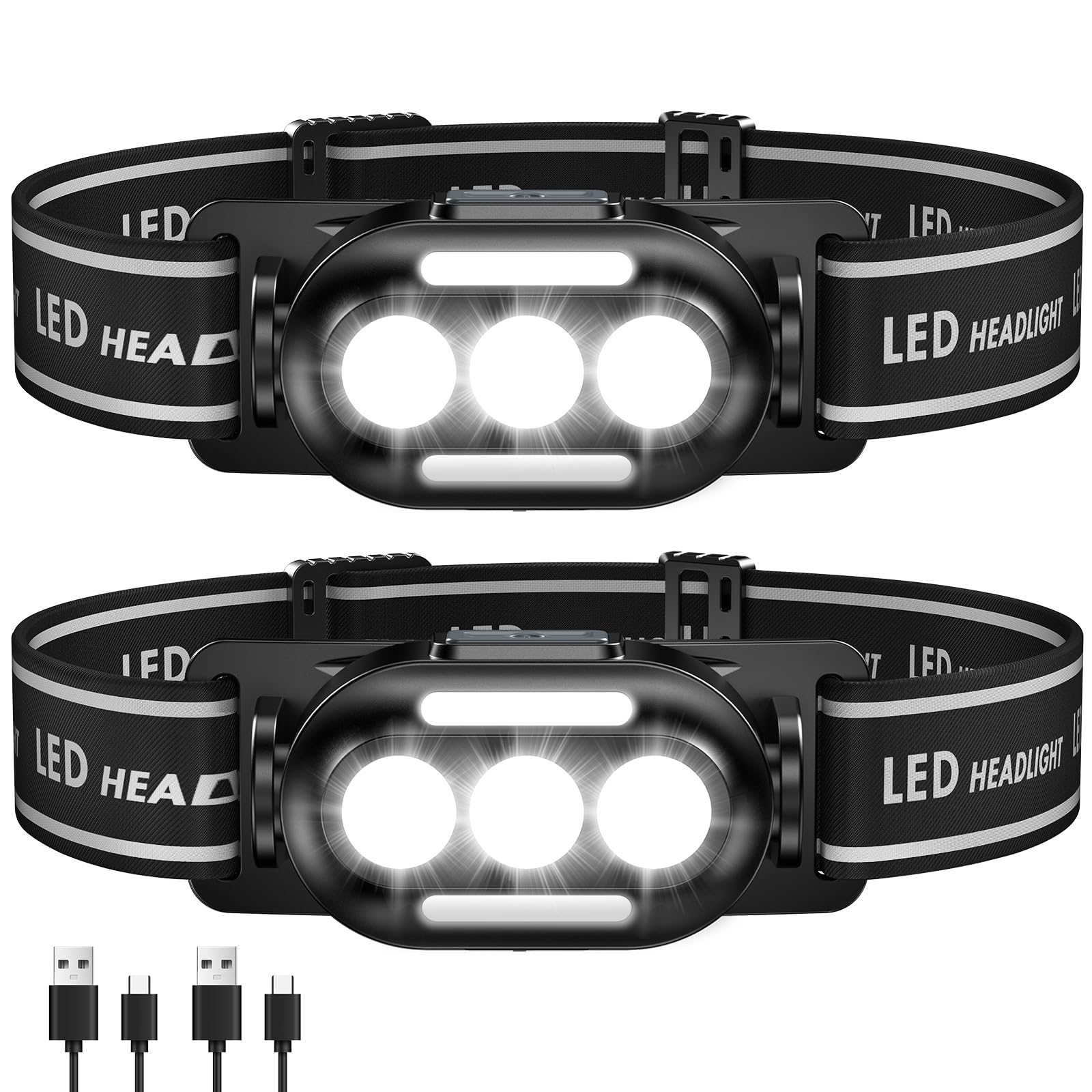 Headlamp Rechargeable, 2Pack 1100 Lumen Ultra Bright Head Flashlight with White Red Blue LED Head Lamp, IPX4 Water Resistant Lightweight Headlight for Outdoors, Camping, Running Fishing