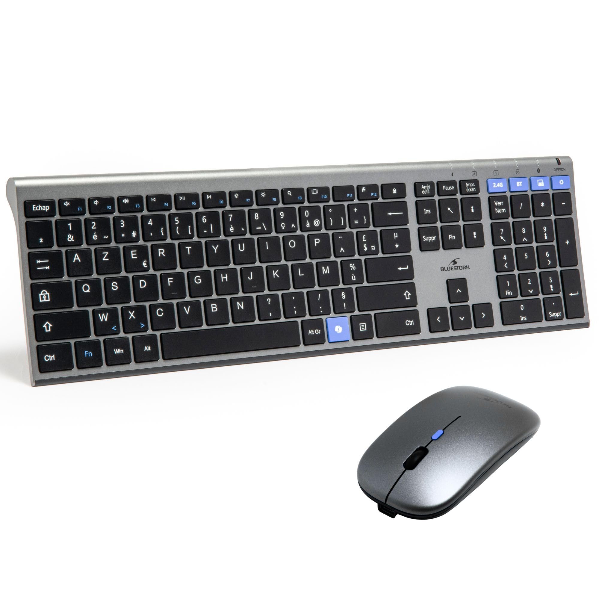 Bluestork - Set tastiera mouse wireless ricaricabile grafica V3 - Tastiera wireless, Connessioni 2.4GHz e Bluetooth, Ultra-sottile, batteria 110H, AZERTY FR, mouse 3200 DPI -Windows/IA Copilot