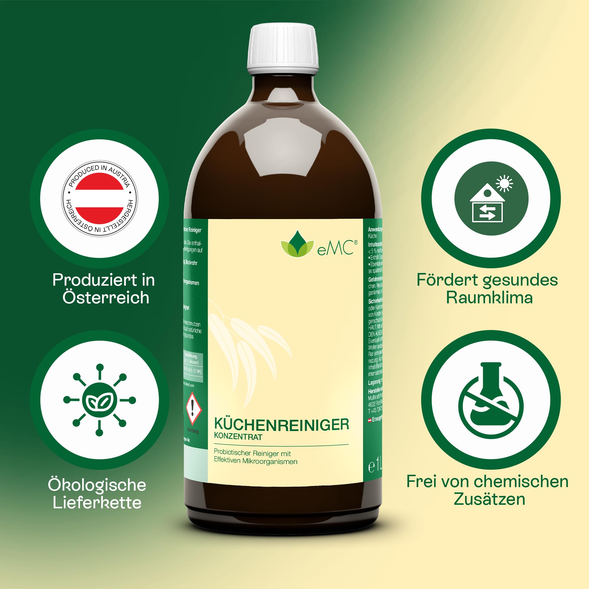 eMC Pulitore da cucina – Detergente probiotico contro i depositi di grasso ostinati, ideale per superfici della cucina come piani cottura, cappe e forni, elimina gli odori, 1 litro