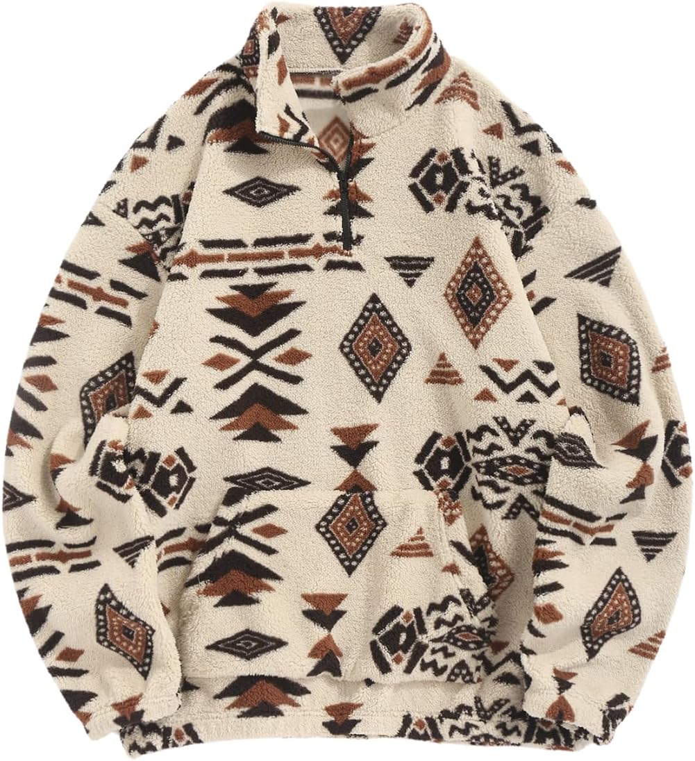 ZAFUL Men 1/4 Zipper Sweatshirt Ethnic Aztec Printed Kangaroo Pocket Fall Winter Pullovers Jacket Unisex Hoodie Tops
