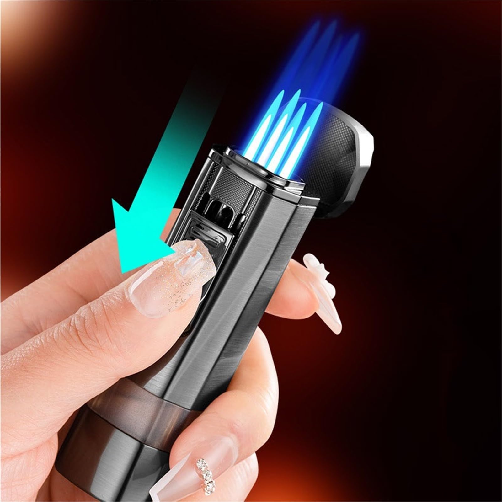 Briquet Jet Flamme Rechargeable avec 4 Flammes Design Coupe-Vent pour Homme et Femme Idéal pour Extérieur (gaz non inclus)
