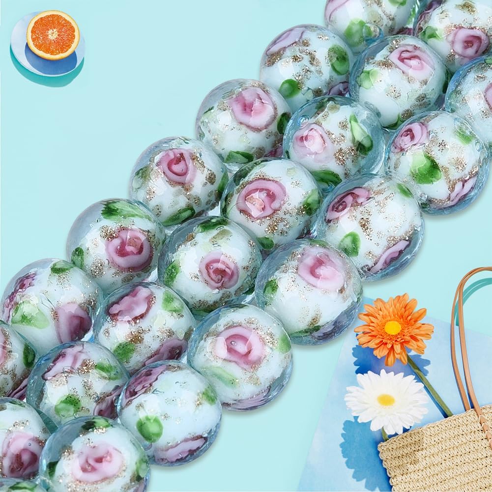 1 Box 40pcs Floral Lampwork Beads Handmade Light Cyan Round Glass Luminous Glitter Powders Inner Flowers Faceted Loose Bead Bulk for Jewelry Making Necklaces Bracelets DIY Craft Supply image 4