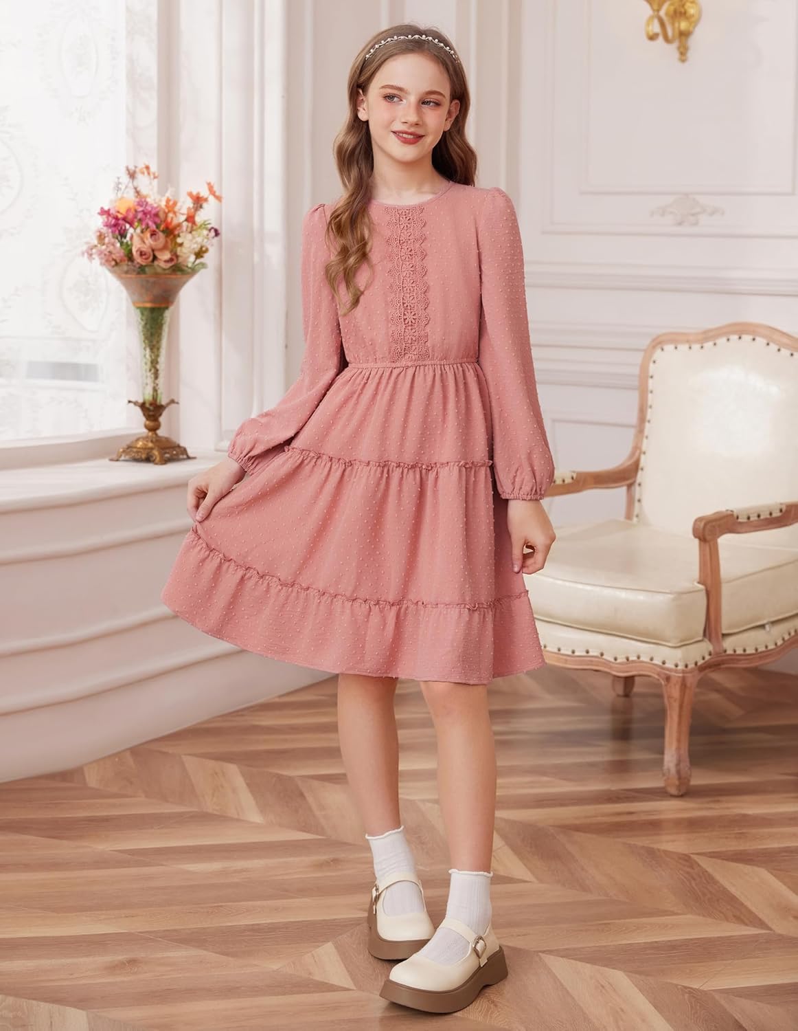 GRACE KARIN Girls Long Sleeve Fall Dress Casual Party Teen Swiss Dot Ruffle Tiered Lace Dresses for 7-14 Years - Image 5