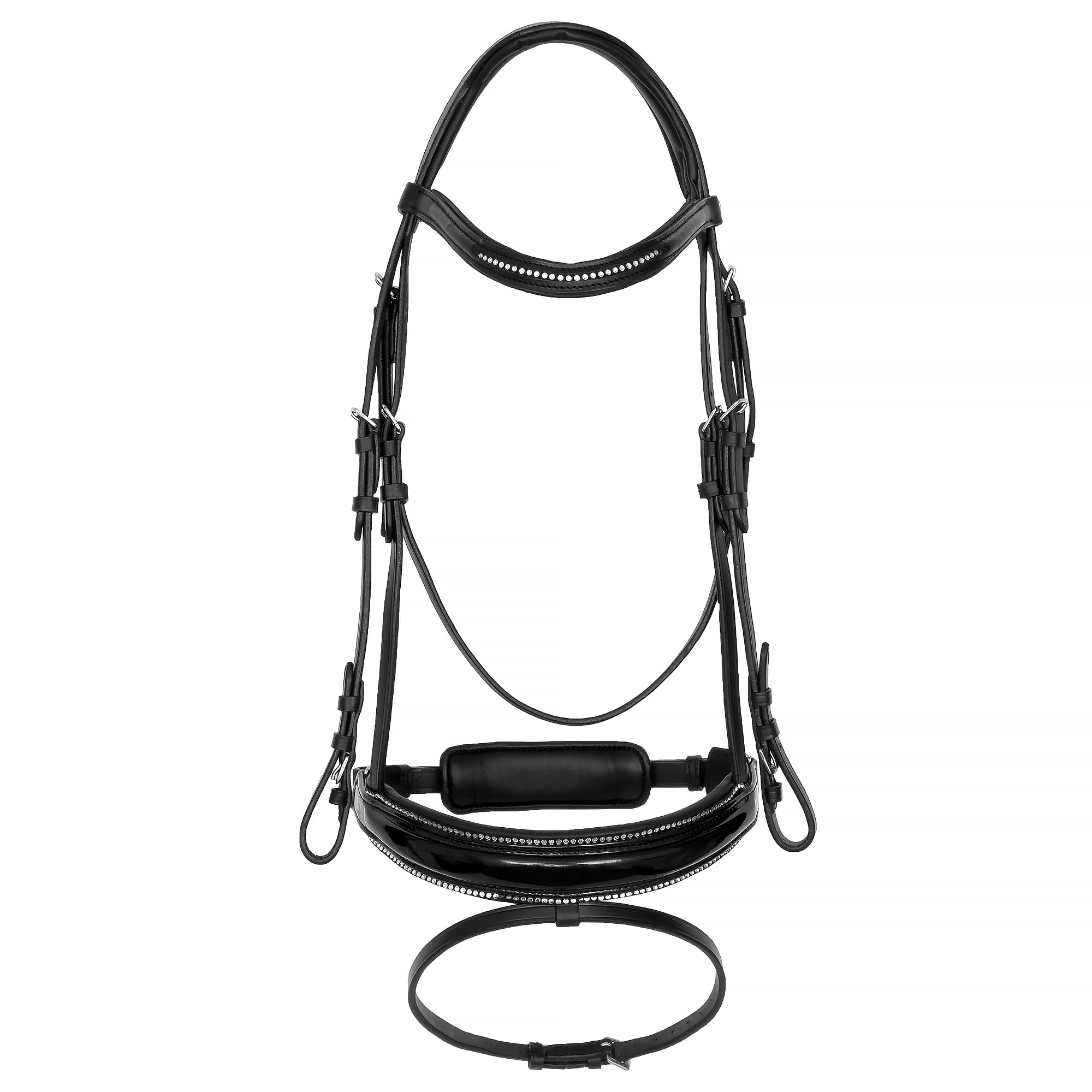 EQUESTRIAN QUEEN Trensenzaum anatomisch – Lackleder Strass Reitzaum mit weich gepolstertem Nasenriemen – Leder Zaumzeug für Warmblut – Elegantes Design - Orion (Schwarz, Cob (Vollblut))