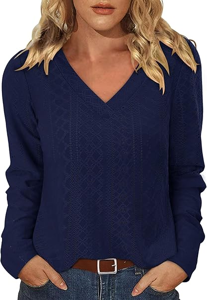 KISSMODA Long Sleeve Fall Shirts For Women V Neck Tunic Tops Embroidered Button Down Knitted Blouses 2025