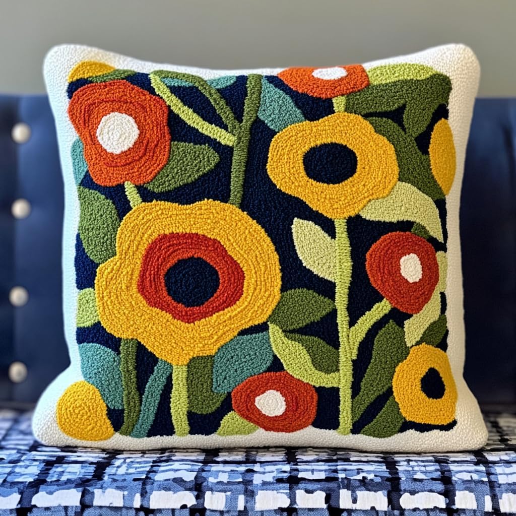 DIY Punch Needle Pillow Kit Yellow Rose Flowers with Pattern and Hoop Handmade Embroidery Punch Needle Starter Pillowcase Set for Home Sofa Decor 43x43cm-1-3