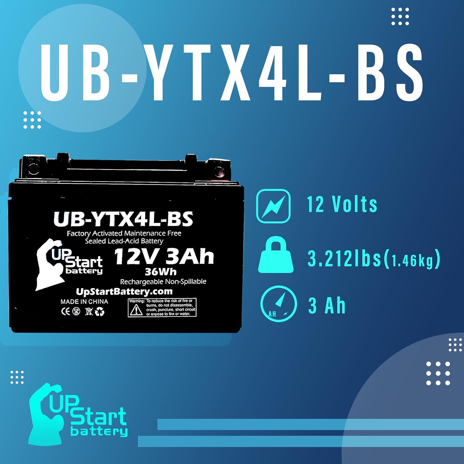 4-Pack Replacement for 2004 Yamaha TTR125E/LE Electric Start 125CC Factory Activated, Maintenance Free, Motorcycle Battery - 12V, 3Ah, UB-YTX4L-BS
