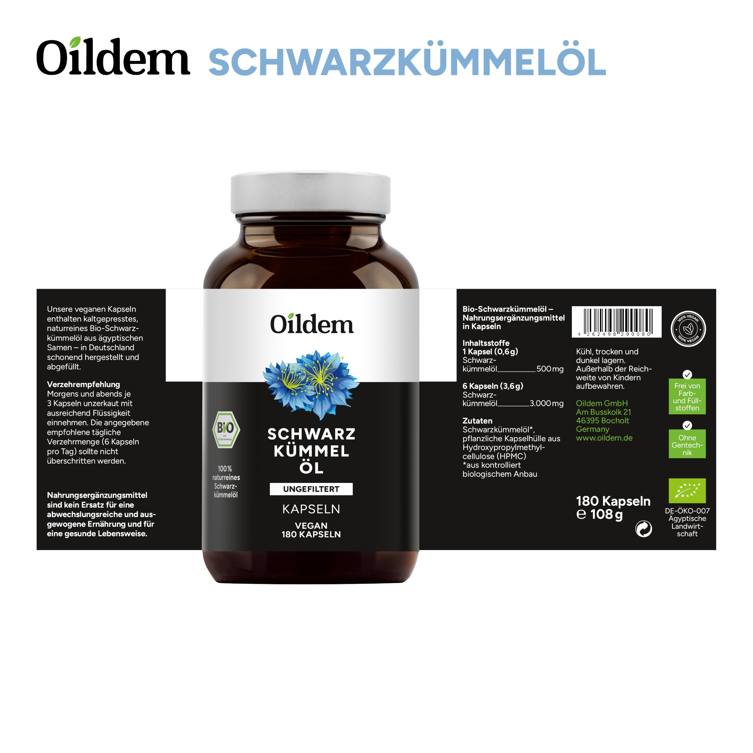 Oildem Bio Schwarzkümmelöl Kapseln vegan (ungefiltert) Lebensmittel & Getränke