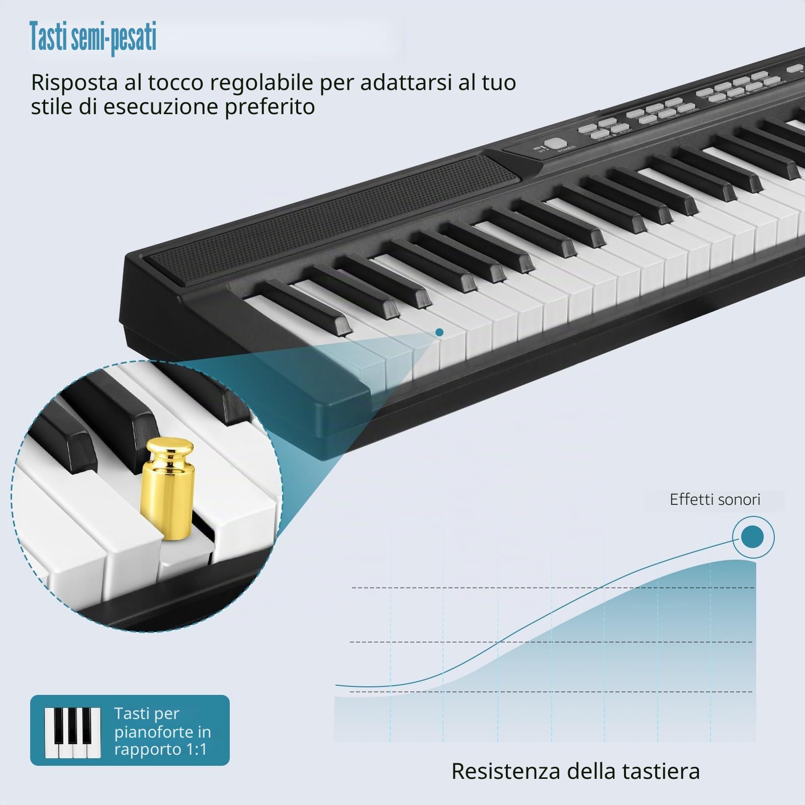 Pianoforte digitale a 88 tasti, tastiera elettrica con tasti semi-pesati, pedale sustain, alimentatore, supporto, custodia, cuffie, per principianti con supporto, nero