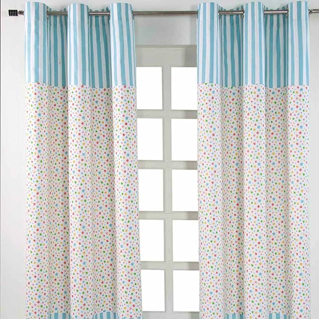 HOMESCAPES Pair of 100% Cotton Curtains - Multi Colour Stars - Blue Yellow Orange - 137 x drop 228 cm - 90 Inch Drop - Eyelet Ring Top - Heavy Not Lined - Easy Care Washable at Home