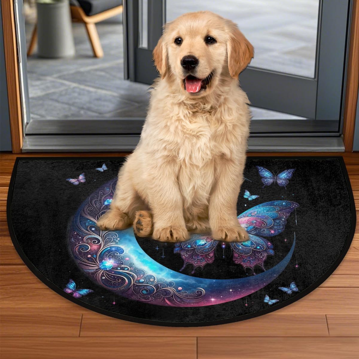 Half Round Door Mat Moon Washable Non-Slip Doormat Welcome Semi Circle Area Rug Half Moon Mats Semi Floor Rugs Indoor Entrance Kitchen Bedroom Living Room Decorative Gift