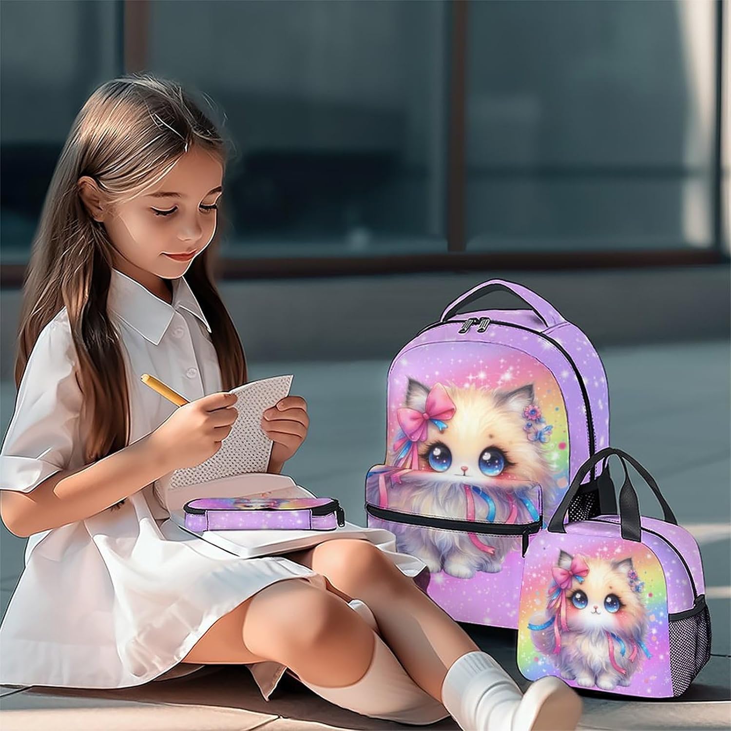 School Backpack for Girls, 3Pcs Cat Backpack Set, Kids Bookbag for Kindergarten/Elementary/Preschool, 17" School Bag with Lunch Box Pencil Case