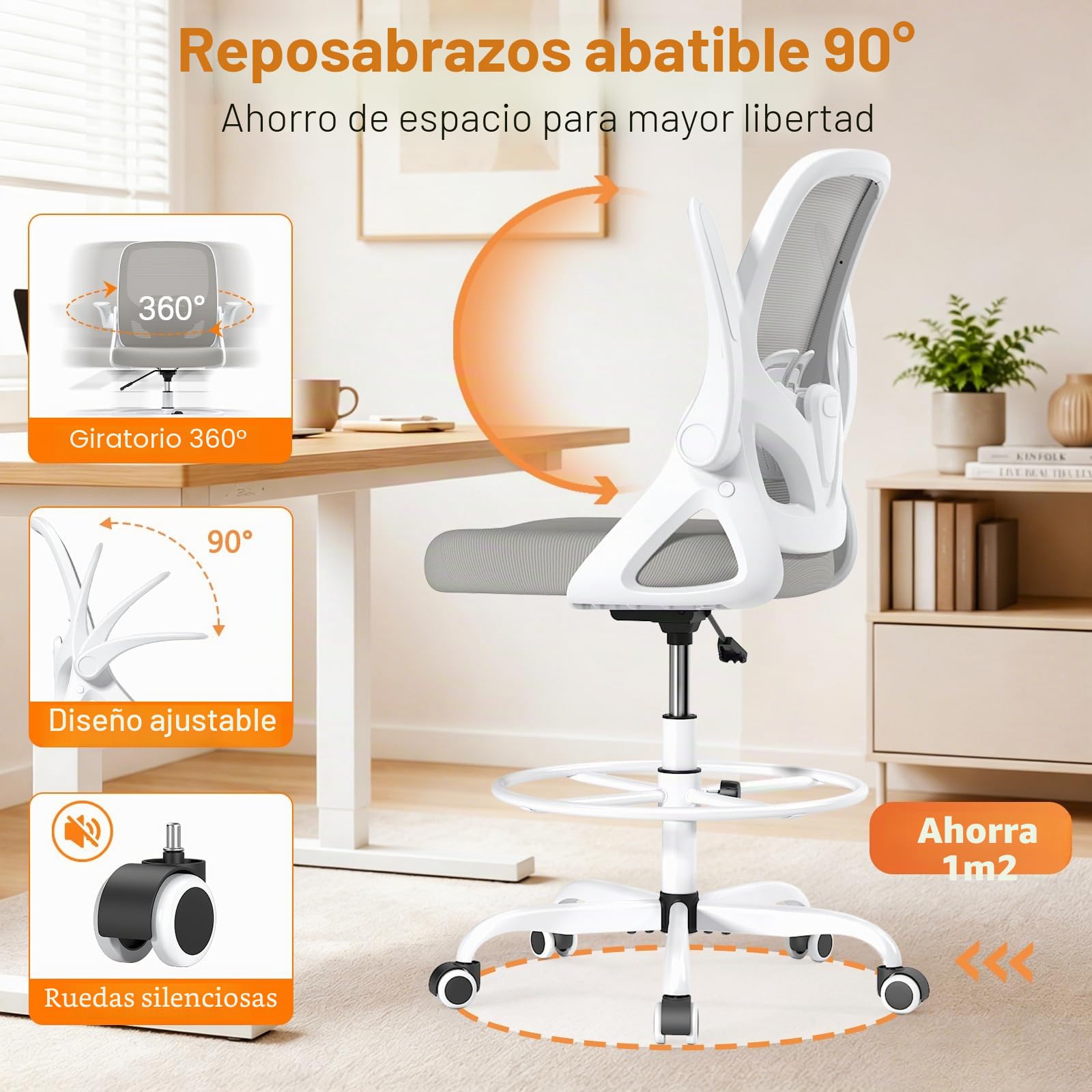ORRSAKER Silla de oficina alta con brazos abatibles, silla de escritorio ergonómica de malla con anillo de altura ajustable y soporte lumbar, capacidad de 300 libras, color gris