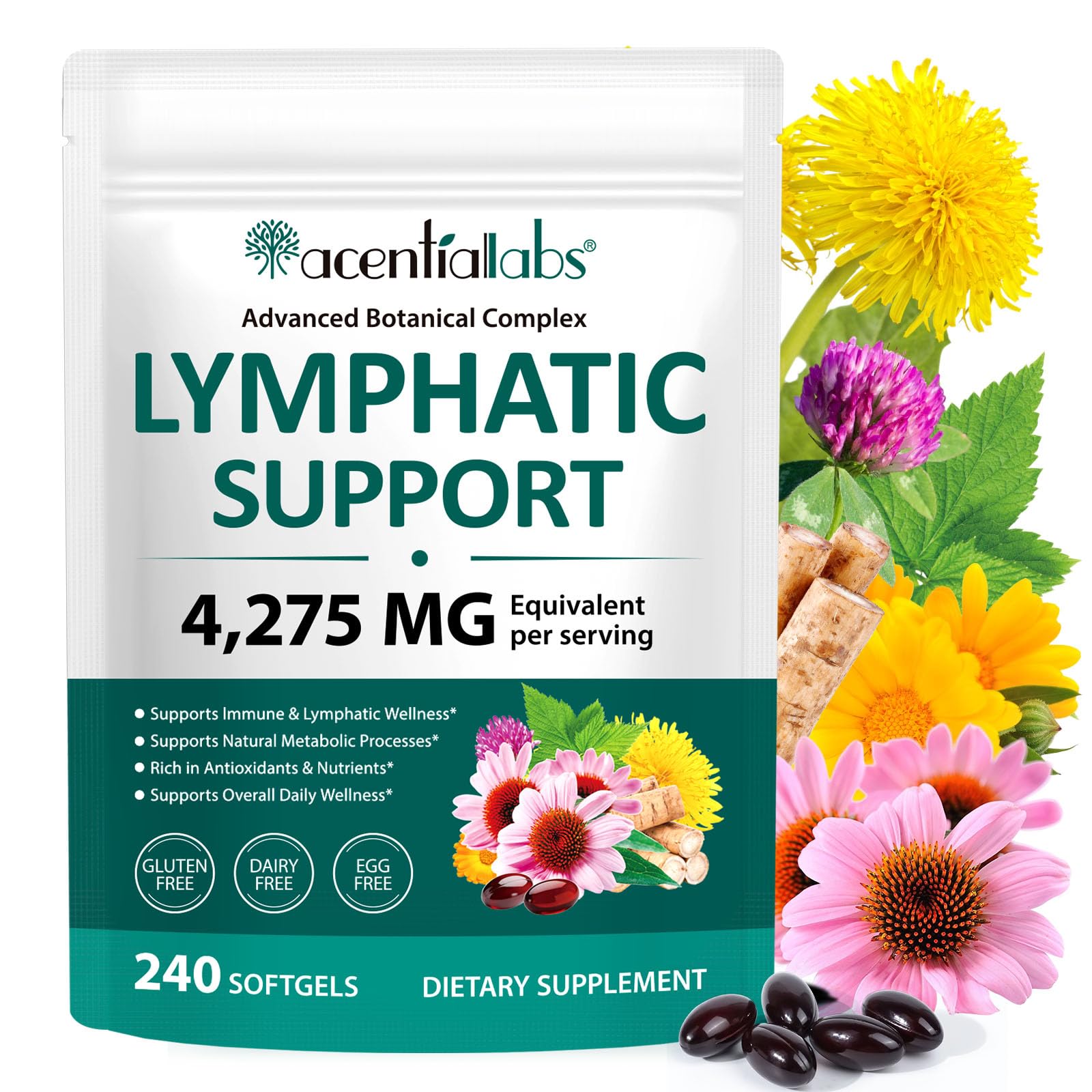 Lymphatic Drainage Supplements, 240 Softgels with Echinacea, Dandelion & Bromelain for Immune & Lymphatic Wellness, Gluten-Free, Dairy-Free 80-Day Botanical Complex