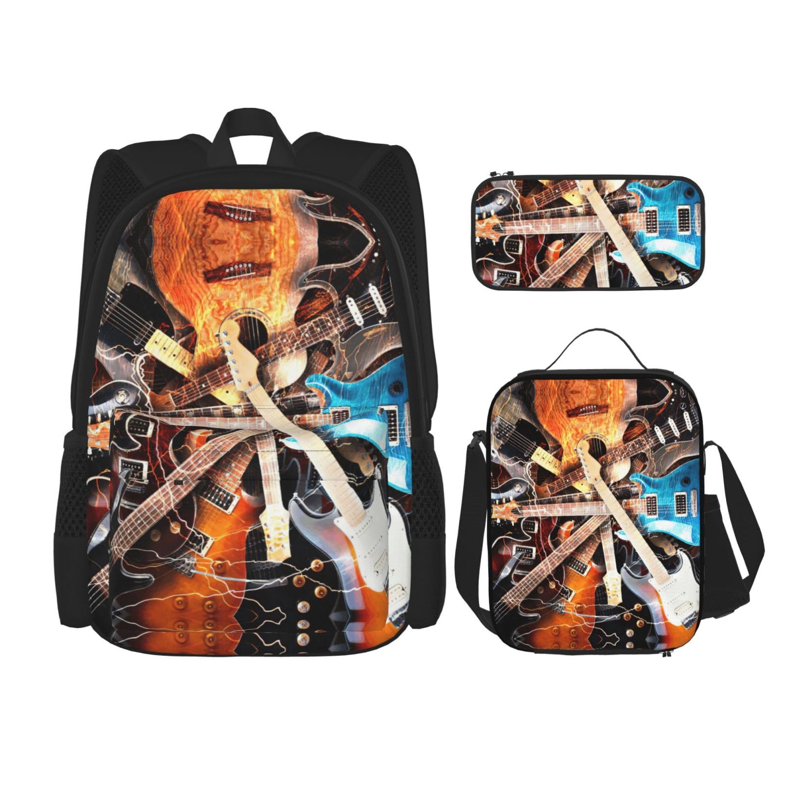 Juego de 3 mochilas escolares con estampado de guitarra musical, mochila para laptop resistente al agua de gran capacidad con bolsa de almuerzo aislada y estuche para lápices para adolescentes