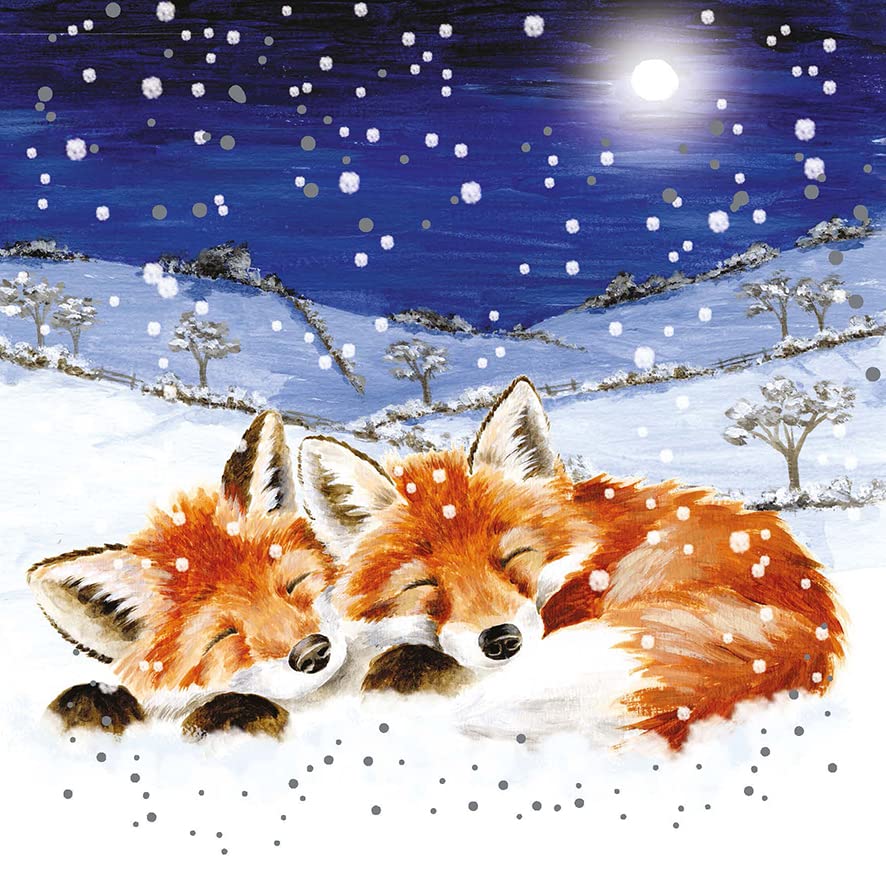 Wrendale Designs by Hannah Dale, Foxes In The Snow, Luxury Christmas Card Set, Pack of 8, Silver with white illustrations