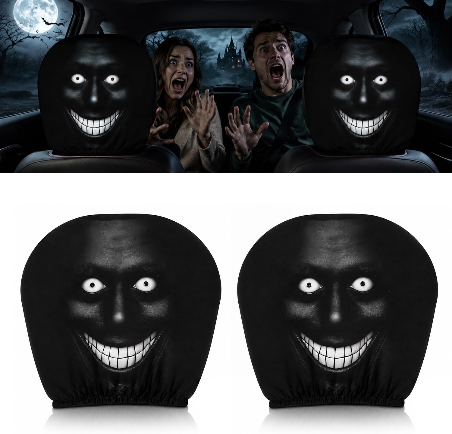 2 Pack Scary Headrest Covers for Cars, Funny Scary Face Auto Seat Elastic Models Headrest Protector, Soft Stretch Polyester Auto Seat Headrest Covers for Halloween Car Interior Decoration(C)