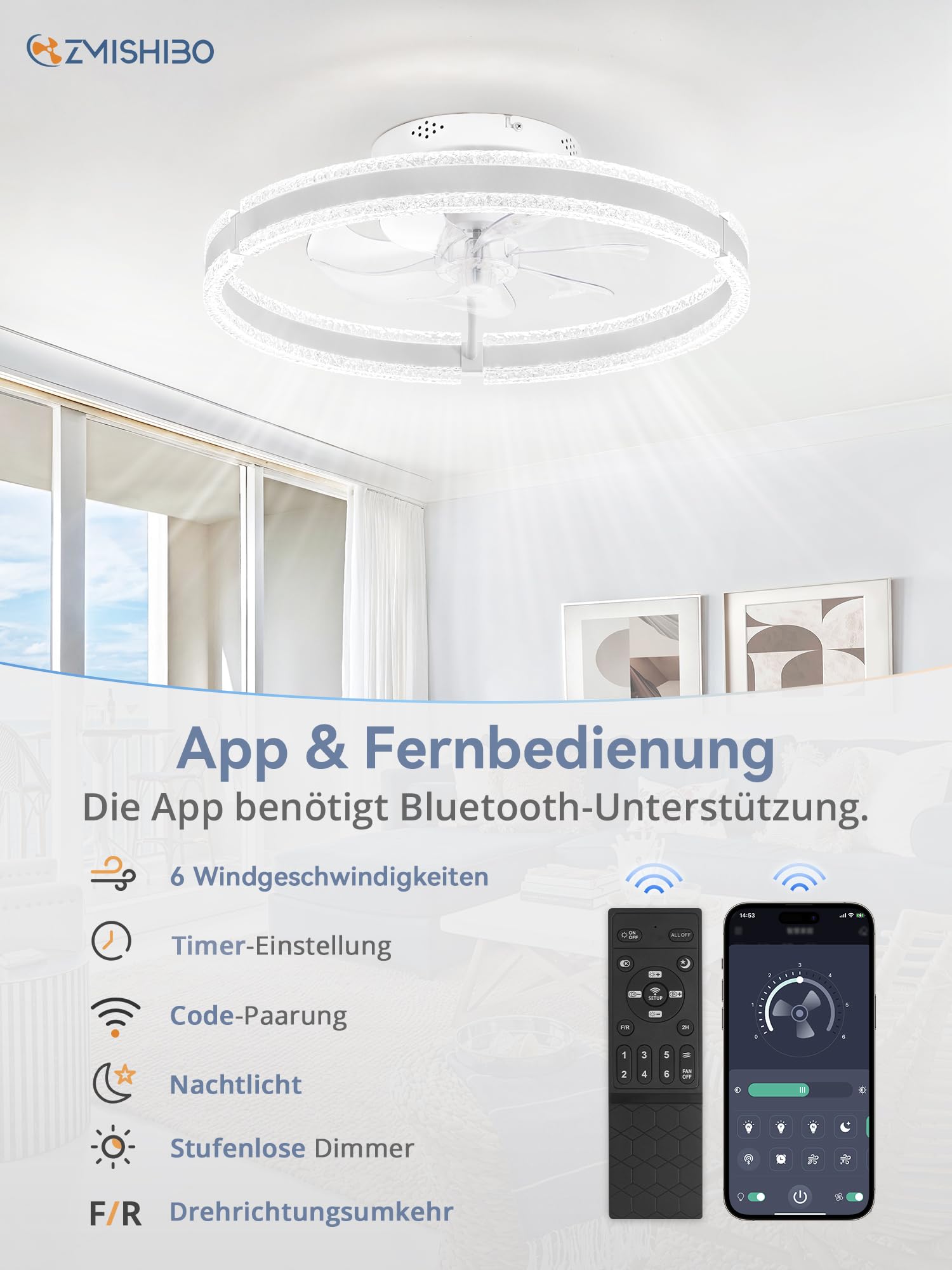 ZMISHIBO 51 cm Deckenventilator mit Beleuchtung,(weiß), Doppelring LED, APP & Fernbedienung, 6 Geschwindigkeiten, Vorwärts-/Rücklauf, 3000K-6000K dimmbar 10%-100%, Memory-Funktion, 2H Timer