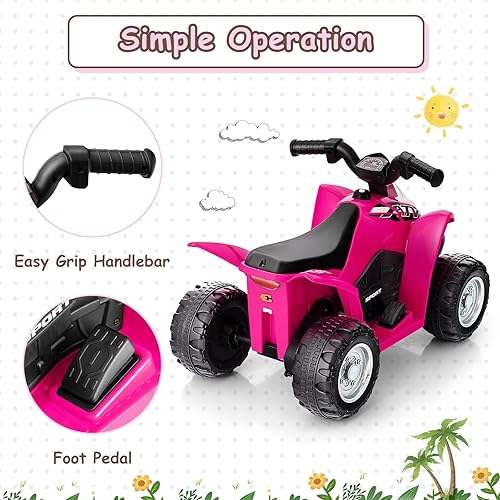 Vista 4 de OLAKIDS ATV para niños, vehículo eléctrico de 6 V para niños pequeños, auto motorizado de juguete de 4 ruedas para niños y niñas con luces LED, Coral