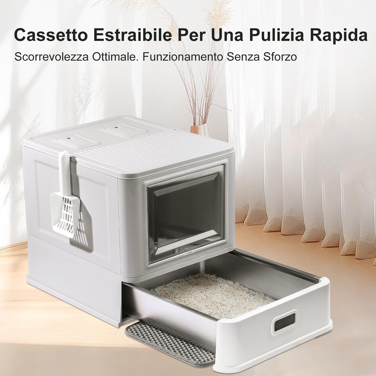 Marchul Cassetta Igienica per Gatti Chiusa in Acciaio Inossidabile con Coperchio e Design a Cassetto, XL, con Paratie Anti-Perdite, Paletta e Tappetino, Antiodore