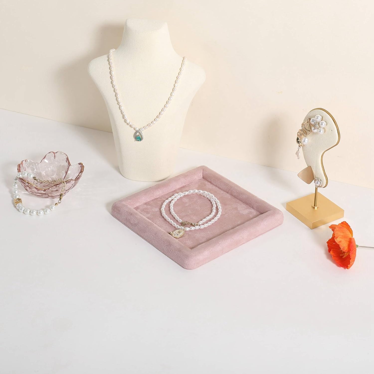 GemeShou Square velvet Jewerly display tray, Jewelry storage organizer plate, Empty Jewelry showcase tray for Necklace Bracelet Ring Earring display stand holder (Pink-Medium, 5.9 x 5.9 in) - Image 9