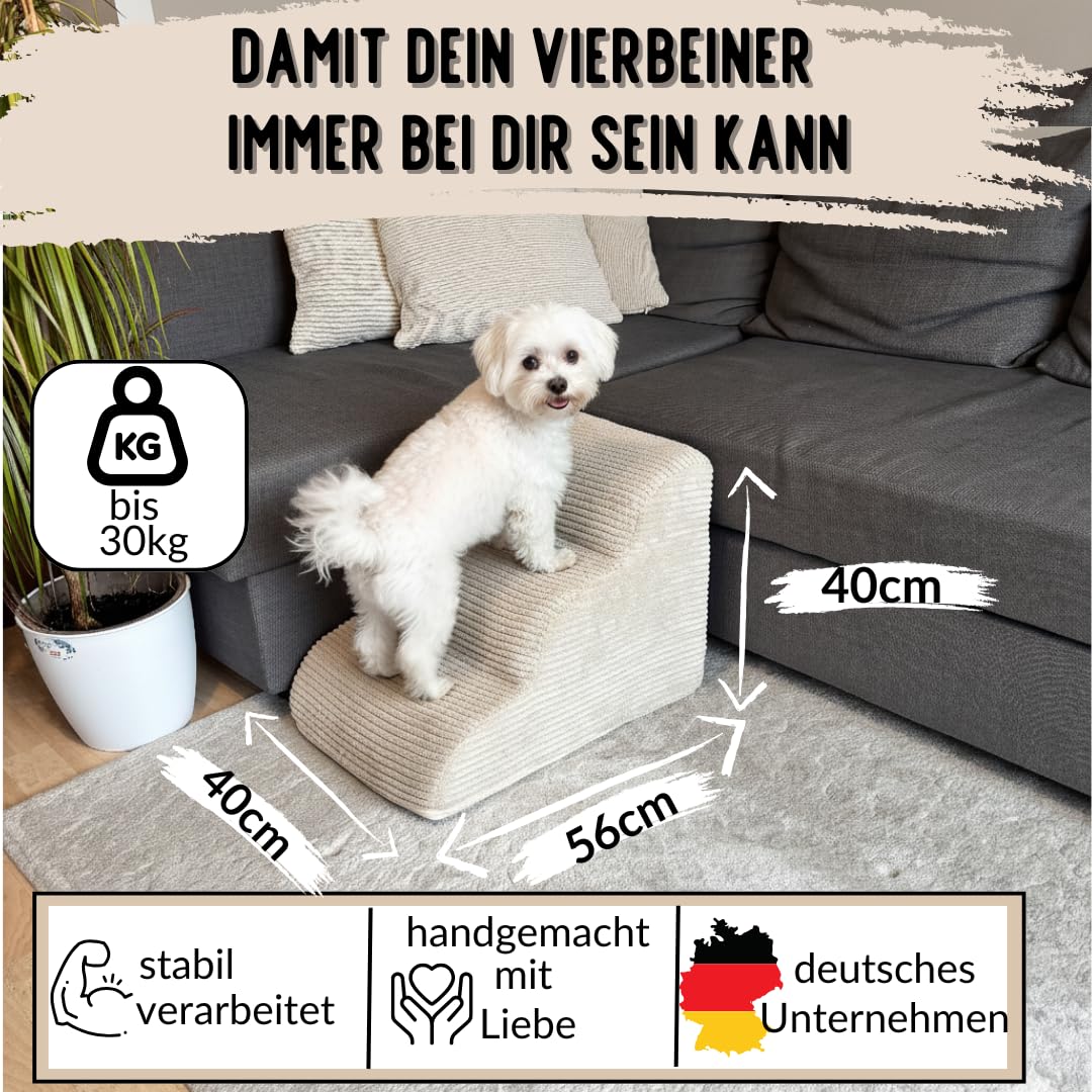 Hundetreppe Cord beige Hunderampe aus Schaumstoff - Katzentreppe - Tiertreppe - Haustiertreppe - Hundetreppe Bett - 3 Stufen Hunderampe
