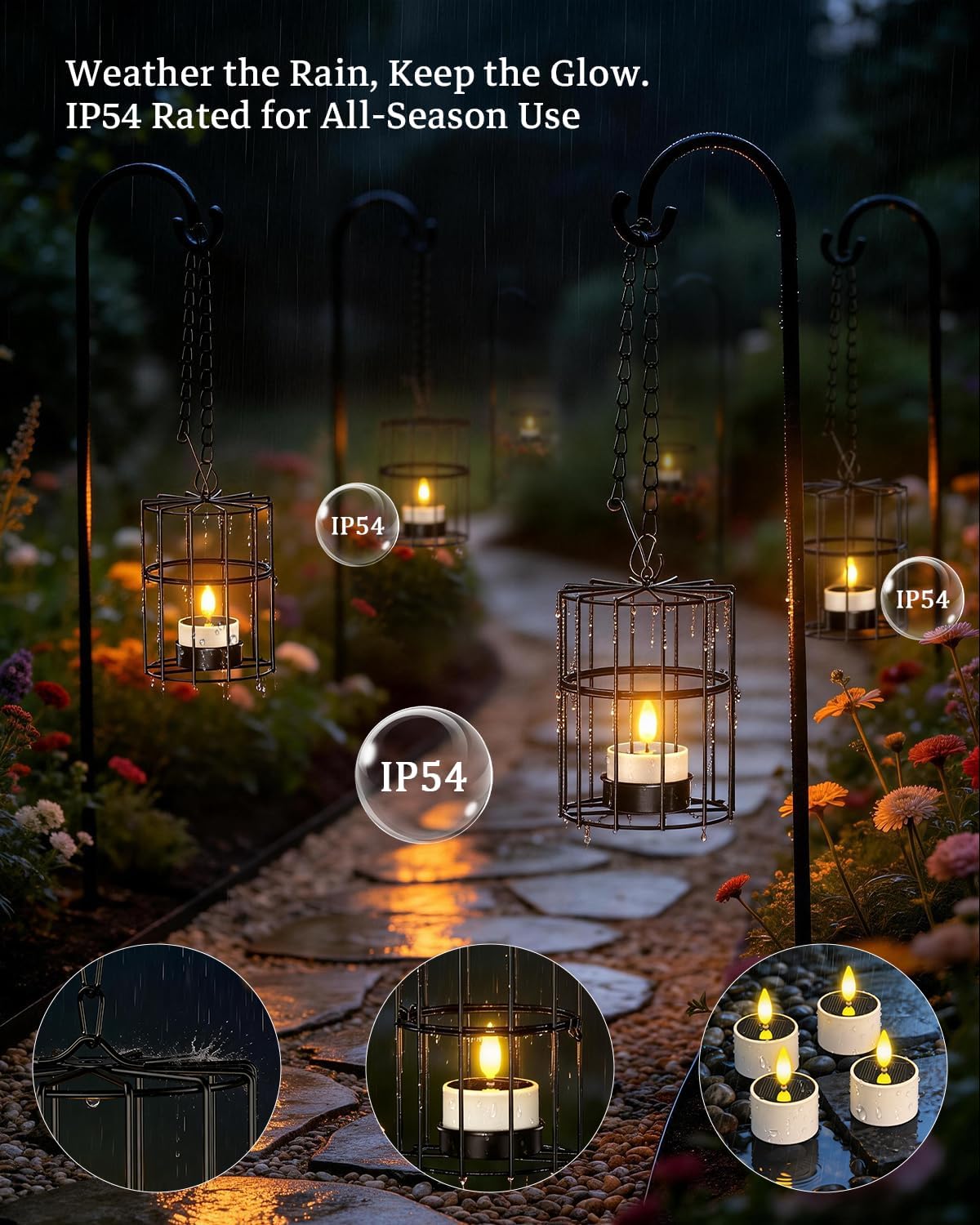 Solar Lanterns Outdoor Waterproof, 4 Pack Iron Hanging Lanterns with Upgraded Flickering Solar Powered LED Tea Lights, 46cm Long Chain, 10-12H Runtime for Patio Backyard Garden Tree Decor