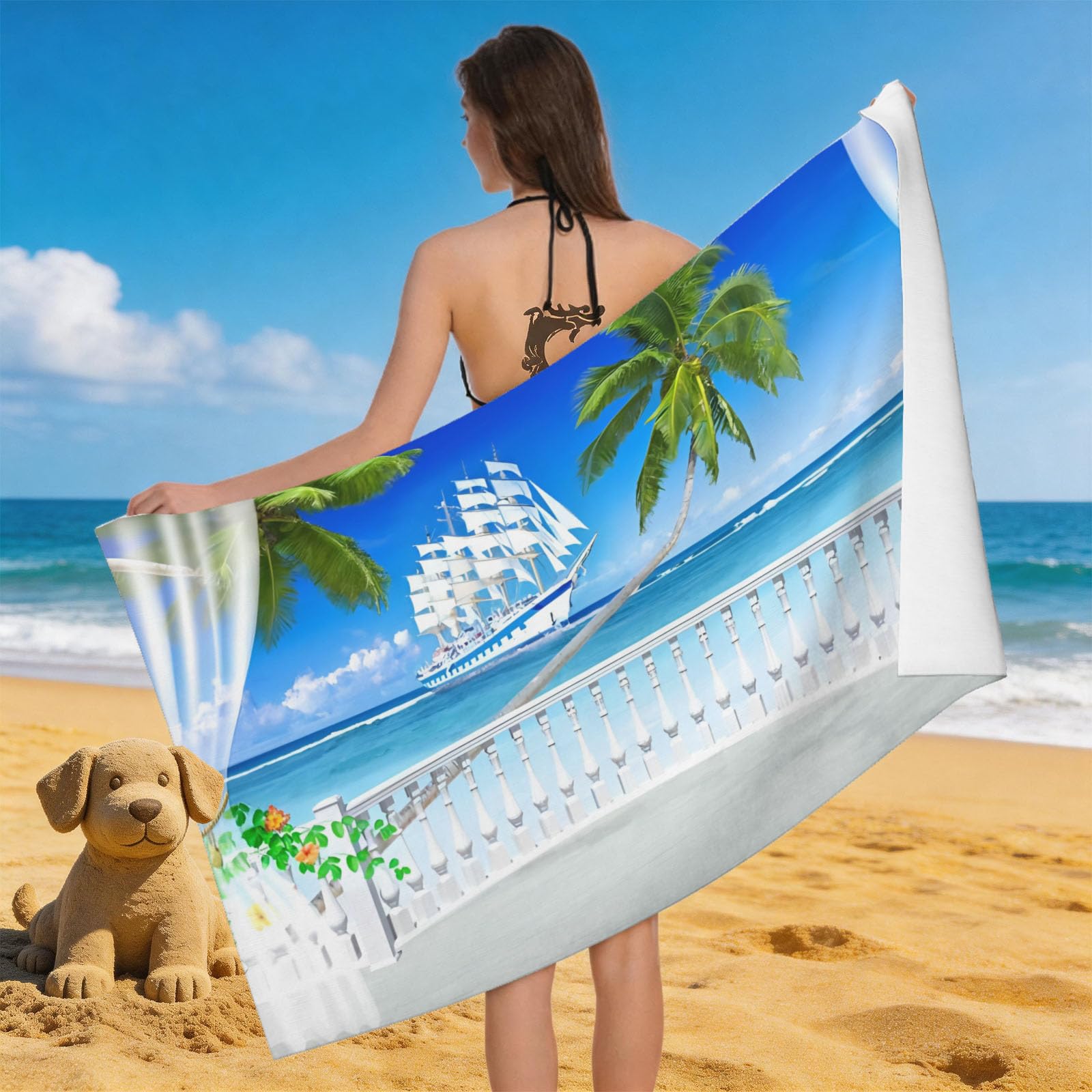 Leichong 3D Sea View Beach Towel Large Microfiber Soft Quick Dry for Adults, Palm Trees Theme Bath Towel Lightweight Soft Absorbent for Travel Swimming Pool Sports, 80 x 160 cm