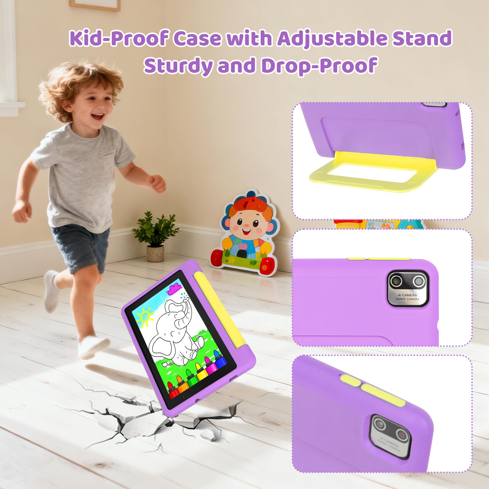 Whitedeer Kids Tablet, 7 inch Tablet for Kids 3-7 Ages 8GB RAM +64GB ROM, Android 13, Parental Controls, Dual Camera, Wi-Fi, Bluetooth, Type-C, Impact Resistant Case, Gift,Purple — view 7