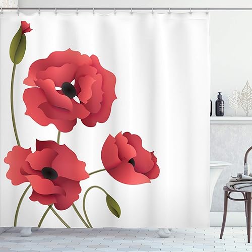 Miniatura 11 de Ambesonne Cortina de ducha de flores de amapola, flores y capullos sobre fondo ambiental grunge, efectos retro, bohemio, juego de decoración de baño
