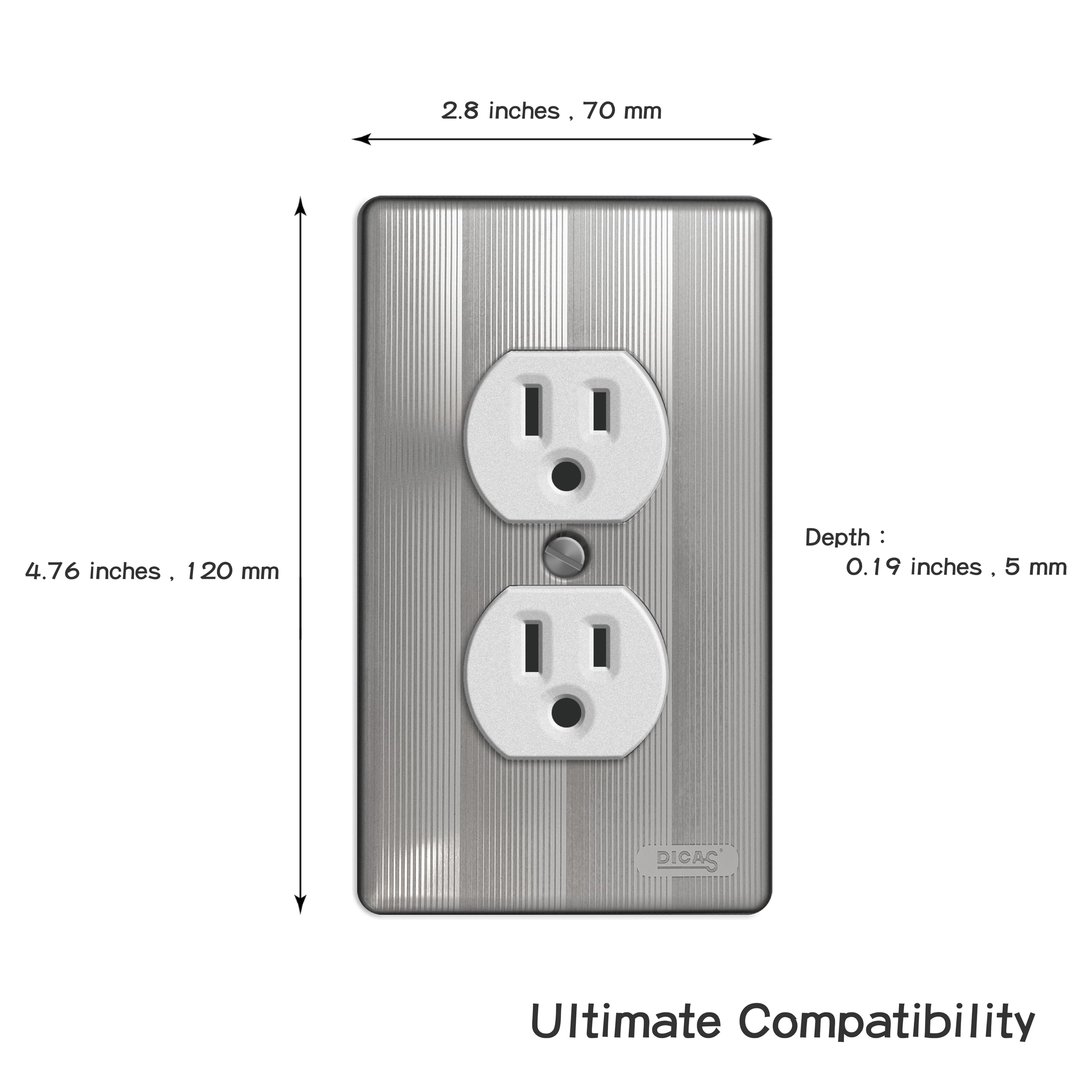 DICAS 2-Pack #304 Stainless Steel Switch Plates Cover,Duplex Receptacle Metal Electrical Outlet Cover,Home Decor,Standard Size 1 Gang 4.76