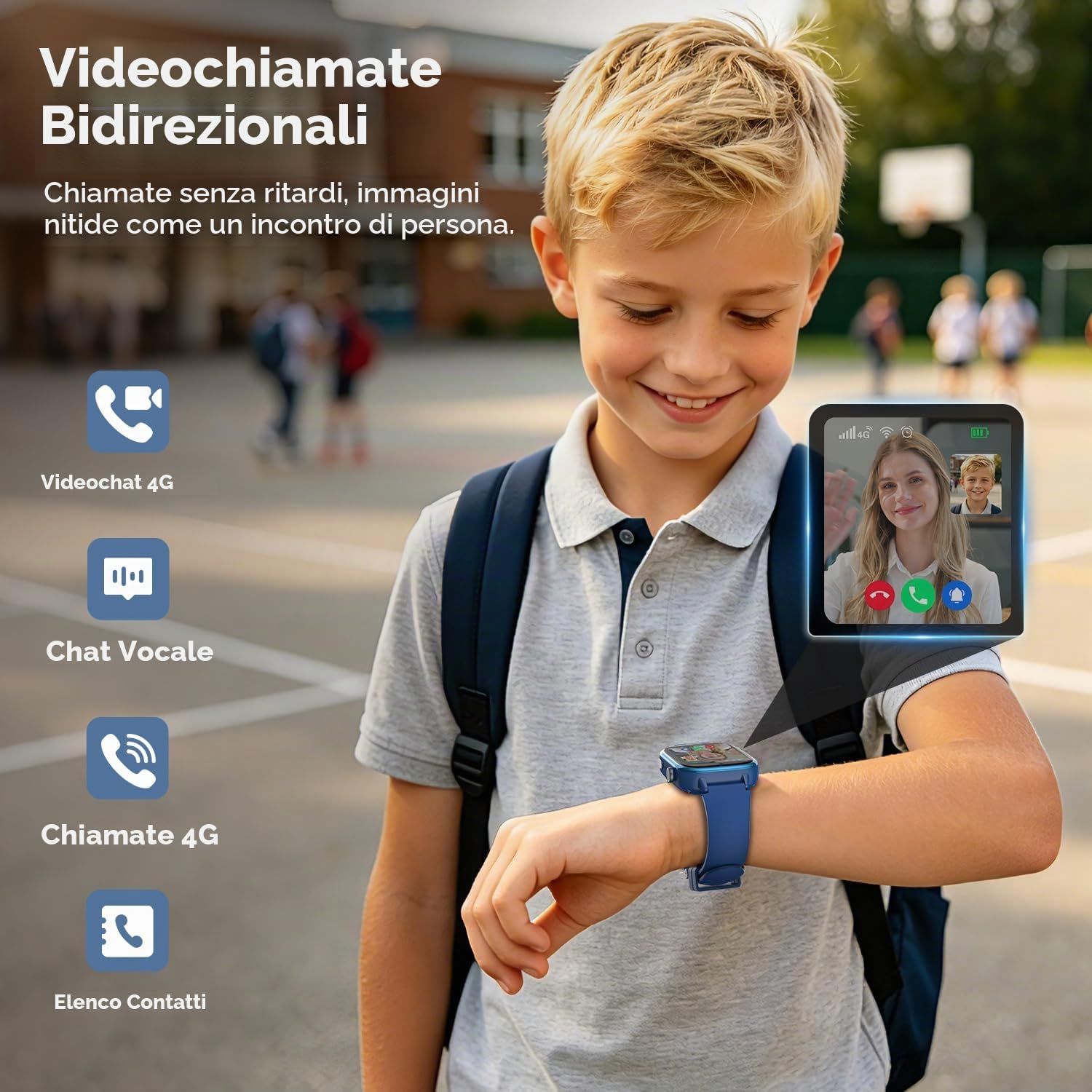 Nuovo 4G Smartwatch Bambini con Videochiamate & GPS, IP68 Impermeabile Smart Watch con SOS SMS Chat Vocale Modalità Scuola, Contapassi, Sveglia Monitoraggio del Sonno Regalo per Bambini e Bambine Blu