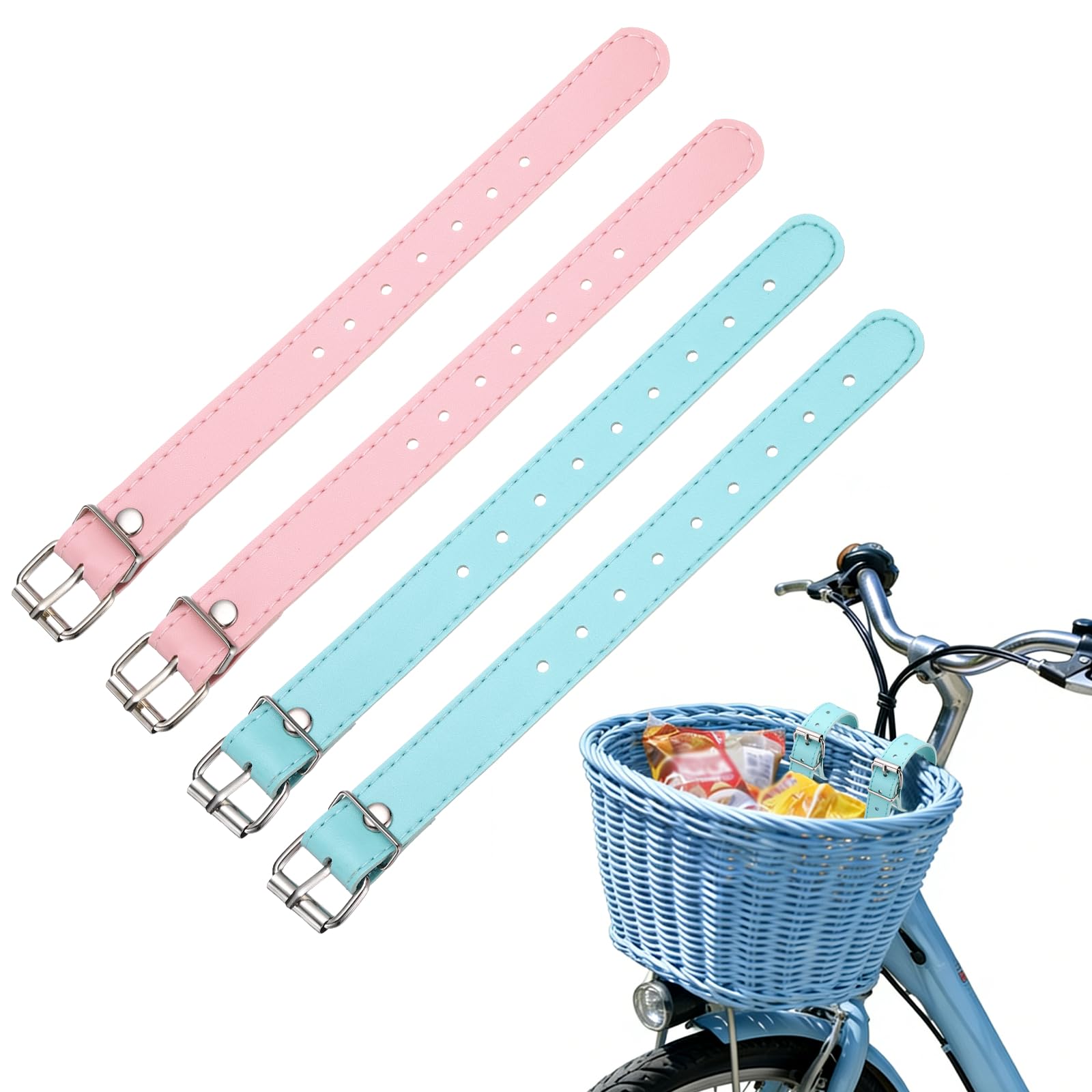 YELARXI Bicycle Basket Strap, Adjustable Bike Front Baskets Leather Straps Detachable Securing Straps 4 Pcs & Blue/Pink-Fitting for (Most Bikes/Tricycle/Scooters)