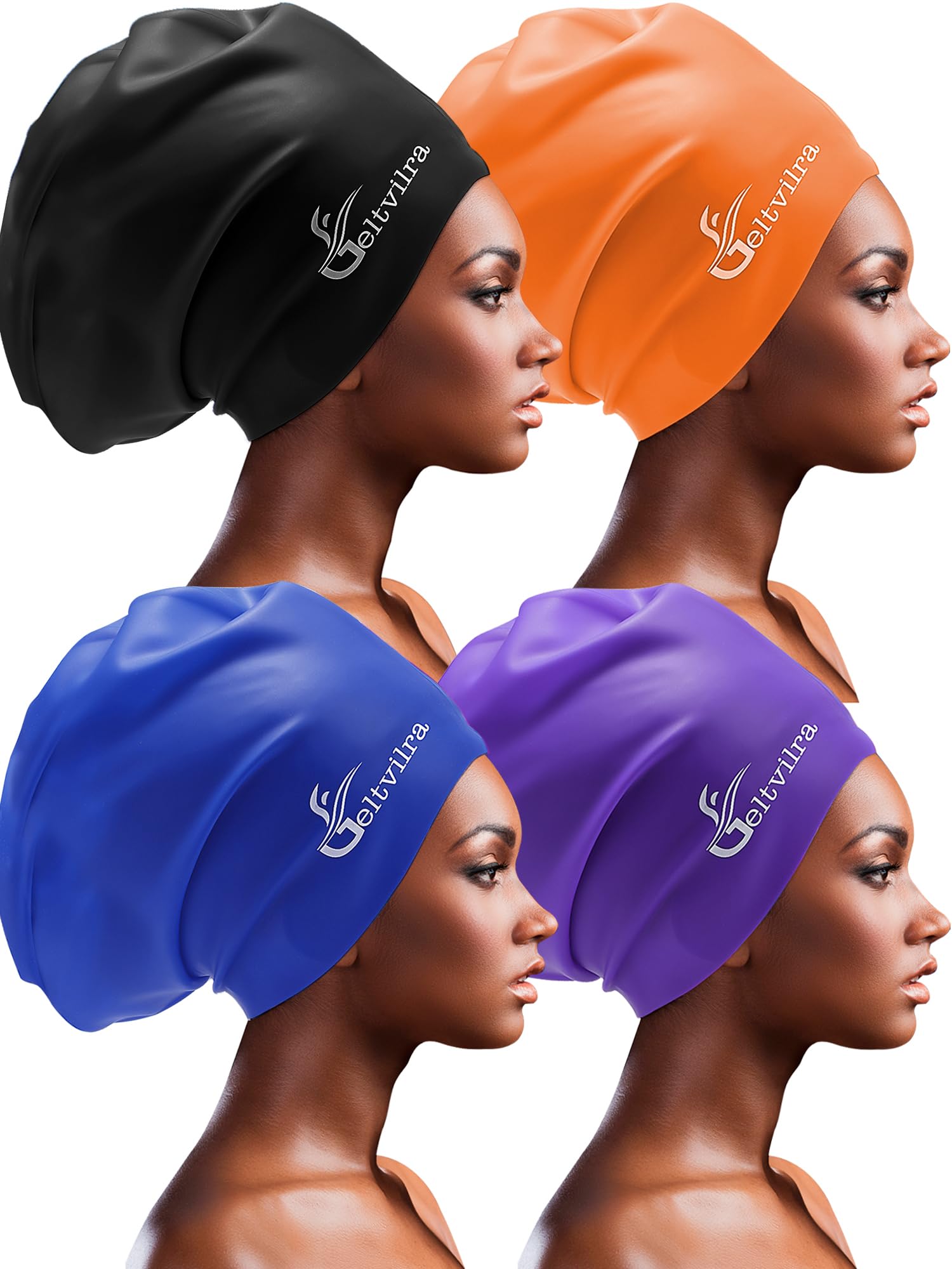 Paquete de 4 gorros de natación de silicona extra grandes para trenzas y rastas, color negro, para mujeres y hombres, pelo largo, impermeable, para piscina