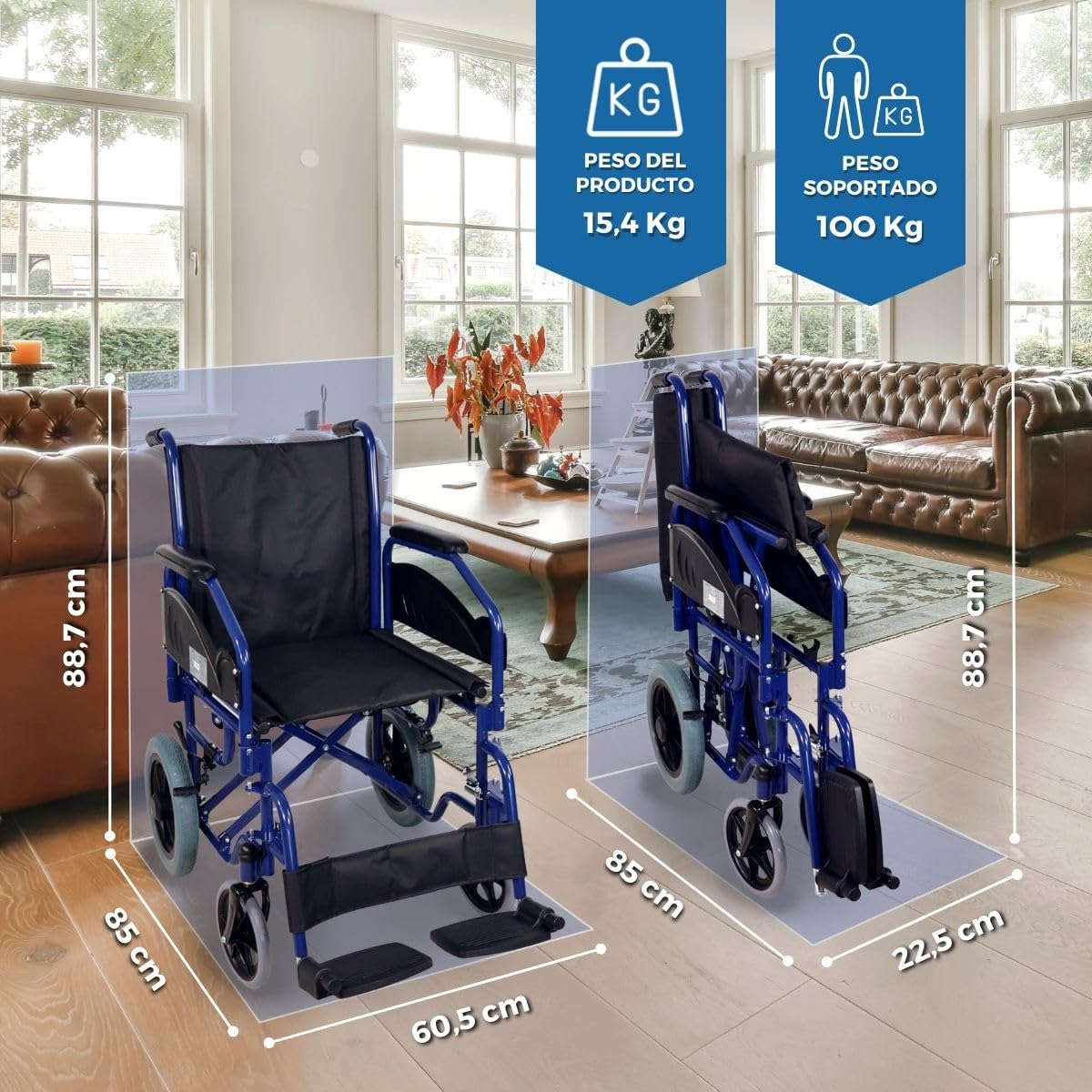 Mobiclinic®, Silla de ruedas plegable, Maestranza, Frenos estacionamiento, Asiento 45 cm, Reposapiés extraíbles, Reposabrazos abatibles y acolchados, Pequeñas, Resistente, Color negro