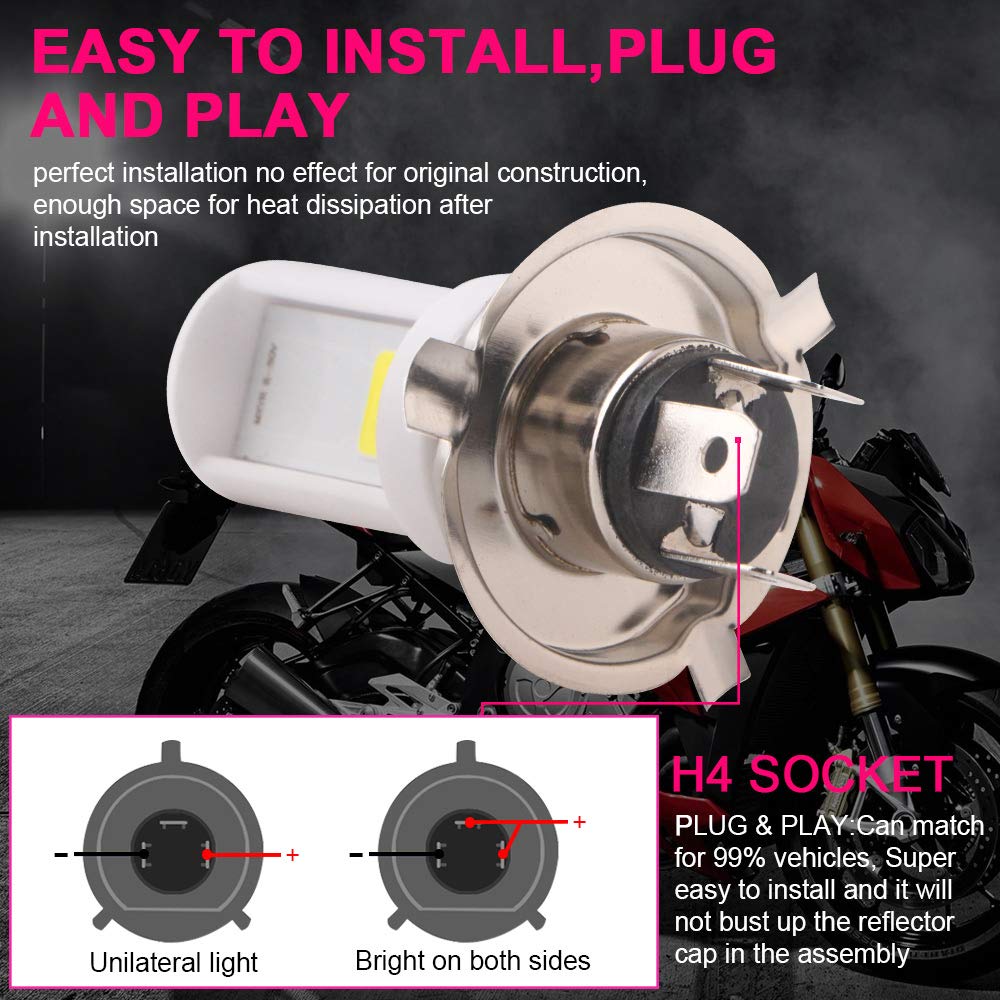 Qasim 2-Pack H4 LED Bombilla para faros delanteros de motocicleta Hi/Lo Beam 9003 Bombilla 12W 900 lúmenes COB blancos Chips de cerámica LED para faros de coche