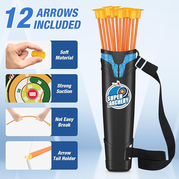 HYES Arco e Frecce per Cambini con Luci LED, Set di Tiro Giocattoli con Frecce e Arco, Ventosa Frecce, Bersaglio, Supporto Freccia, Regalo per Interni ed Esterni - 4