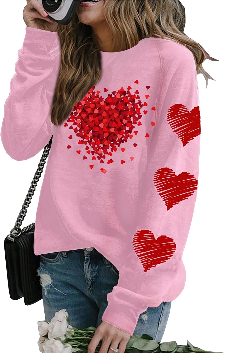 LLHXRUI Valentine's Sweatshirt for Women Cute Heart Love Shirt Graphic Tees Raglan Long Sleeve Pullover Tops